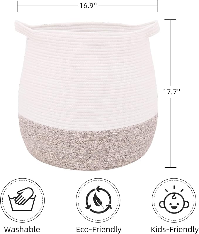 Large Cotton Rope Basket, Woven Storage Basket for Toy, Laundry and Blanket Organizer, Round Hamper Basket with Handles for Kid's Room 17.7"x16.9"