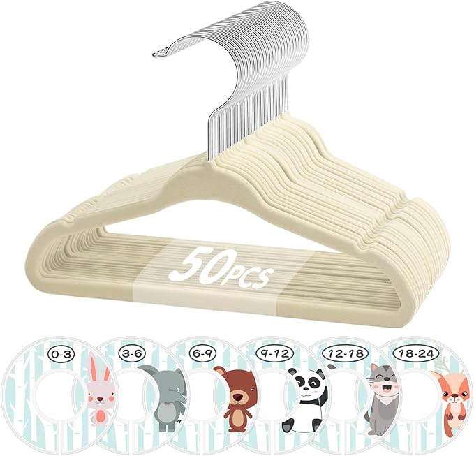 VIS'V Velvet Baby Hangers with 6 Pcs Size Dividers, 11 Inch, Beige, 50 Pcs | Compact Size, Non Slip, Infant Toddler Nursery Closet Organization