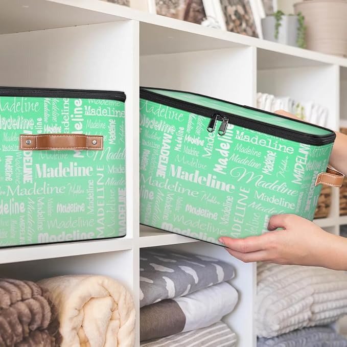 Custom Storage Basket with Name, Personalized Keepsake Box with Zipper Lid, Foldable Fabric Memory Bin Large capacity with Handle Green Gradient