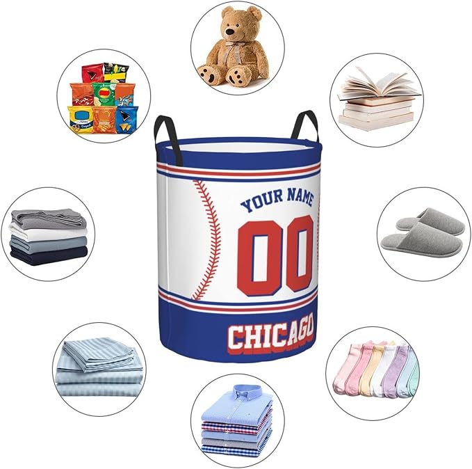 Chicago Custom Laundry Hamper Personalized Laundry Basket Customized Name And Number Collapsible Storage Basket for Bedroom Bathroom Living Room Baseball Fan Gifts