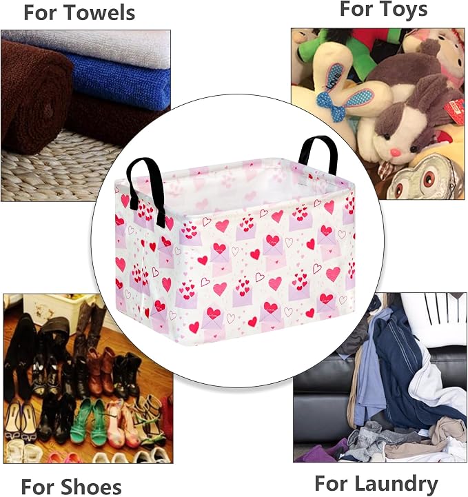 MAIZMZ Empty Gift Basket for Girls Heart Print Storage Cube for Women, Closet Shelf Waterproof Organizer Bins with Handles Nursery hamper Kids Toys Books Box Room Deco