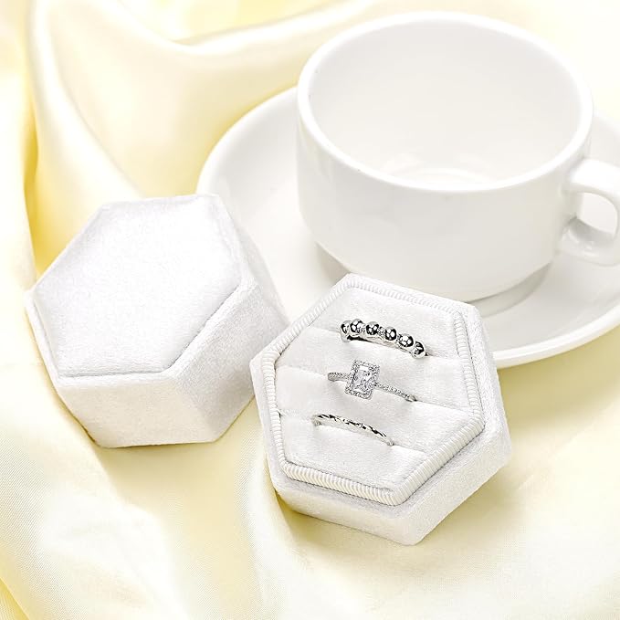 WantGor Velvet Jewelry Ring Box, 3 Slots Hexagon Ring Gift Box Ring Holder | Vintage Ring Display Case for Wedding Ceremony Proposal Engagement (White)