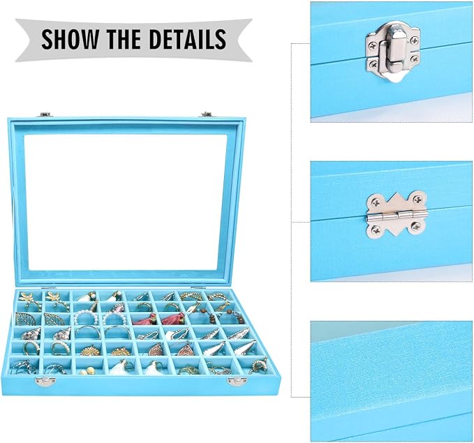 Siveit Jewelry Tray Organizer Box 48 Grid Jewelry Display Organizer Box with Transparent Lid Rings Earrings Necklaces Pendants Display Box Suitable for Women and Girls (48 Grid, Sky Blue)