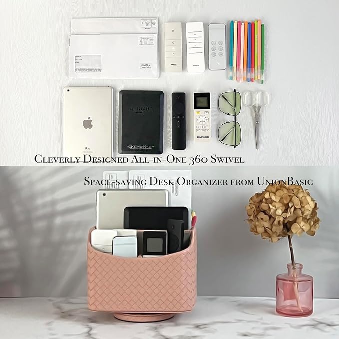 UnionBasic Rotating Desk Organizer, 360 Degree Desk Spinning Caddy, Desktop TV Guide/Mail/Media/Remote Controller Holder Organizer,Woven Pink