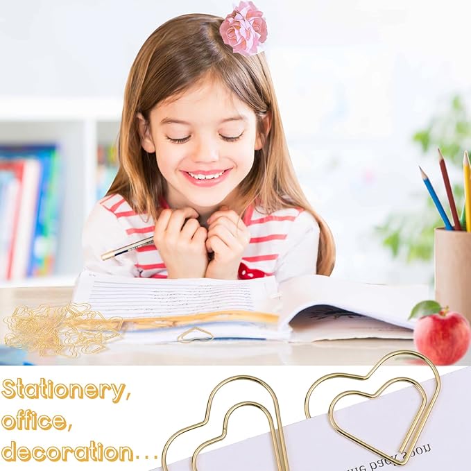 Adullpony Cute Metal Heart Paper Clips: Love Shape Gold Binder Paperclips Mini Bookmark 100Pcs Document Note Sorting Organizer for Wedding Decorative Office Supplies