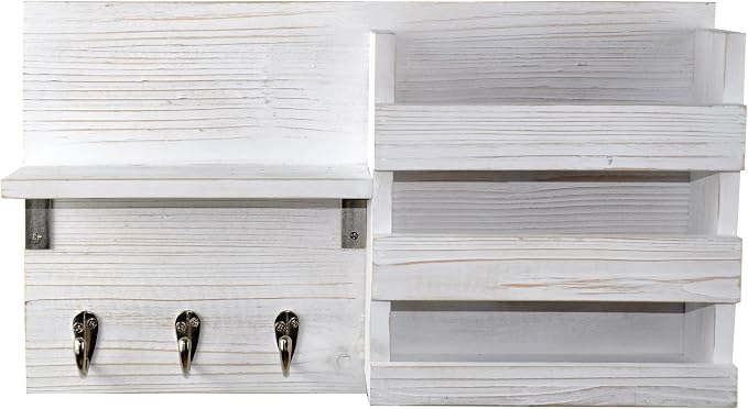 Wall-Mounted Key Hooks Holder and Mail Sorter - Rustic Wood White - Entryway Organizer for Letters, Leashes, and Purses - Floating Shelf, 16.5” W x 9.75" H x 4.5” D