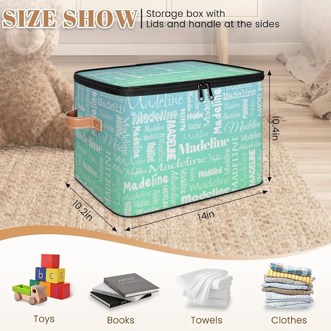 Custom Storage Basket with Name, Personalized Keepsake Box with Zipper Lid, Foldable Fabric Memory Bin Large capacity with Handle Bright Green Blue