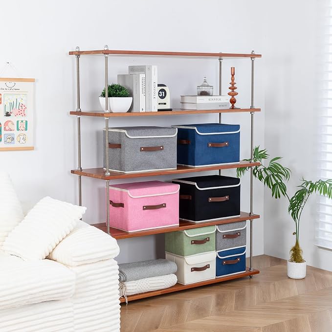 Collapsible Storage Boxes Baskets with Lid Cotton Linen Fabric Storage Bins with Faux Leather Handles Decorative Washable Cube Organizer Container for Home Closet Bedroom (Blue, Small Size)