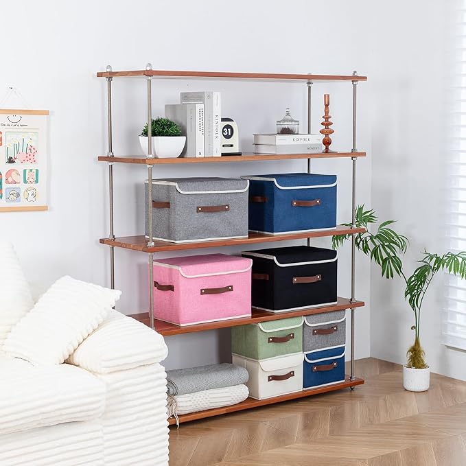2PCS Collapsible Storage Boxes Baskets with Lid Cotton Linen Fabric Storage Bins with Faux Leather Handles Washable Cube Organizer Container for Home Closet Bedroom (Black, Small Size)