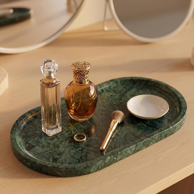 YKAJO Jade Green Oval Marble Tray, 11.8x5.9 Vanity Perfume Organizer Dish | Honed natural stone; jewelry & trinket dish, ring & key holder, soap & candle catchall; bath counter, dresser, coffee table