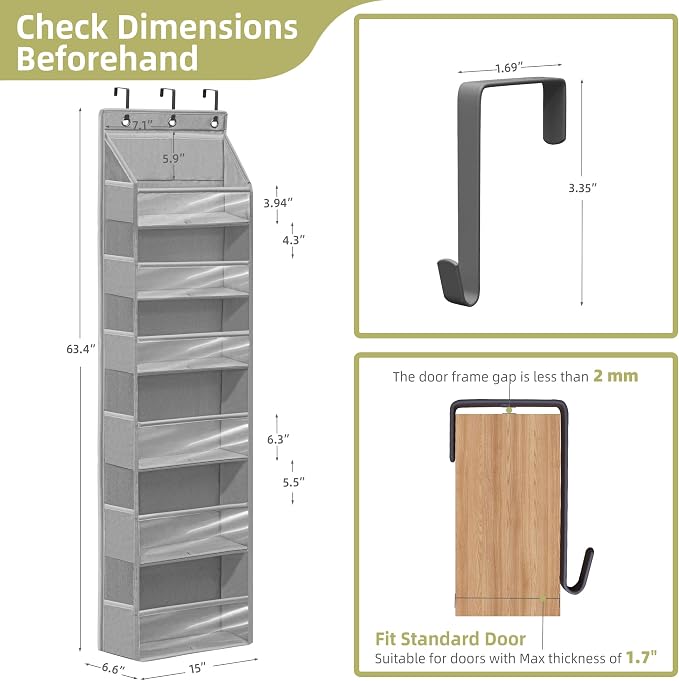 Over Door Organizer with 6 Extra Large Pockets 12 Side Pockets, Sturdy Closet Storage Rack, Hanging Storage Organizer with Clear Window for Shoes, Diaper, Bedroom, Bathroom, Grey, 6-Pack