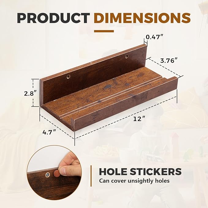 Muzilife 12" Small Floating Wall Ledge Shelves with Lip - Set of 2 Wood Floating Shelves - Honey Wall Mounted Picture Ledge for Office, Bathroom, Bedroom, Living Room, Kitchen