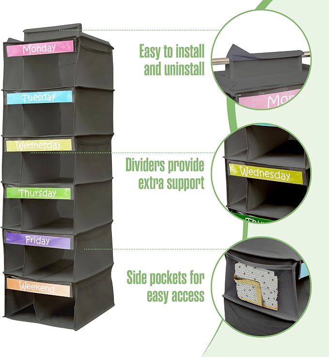 Kids Clothes Organizer, Weekly Clothes Organizer for Kids, 6 Shelf, Grey | Houseables Closet Daily Outfit Storage, Monday Through Friday Clothing Planner, Day of The Week, Weekday, School, Hanging