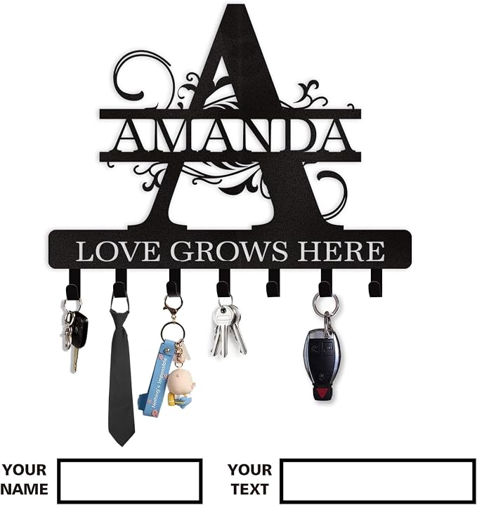 Dyoart Personalized Key Holder for Wall, Custom Name Key Hooks for Wall Organizer, Customized Anniversary Housewarming Gifts Key Rack Wall Mount for Front Door Hallway Bedroom Decor