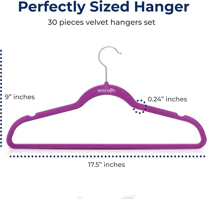 SereneLife Velvet Hangers – 30 Pack, Slim & Space Saving for Closets | Soft velvet grip prevents slipping on silk, satin & knitwear – 360° swivel hook fits all standard closet rods