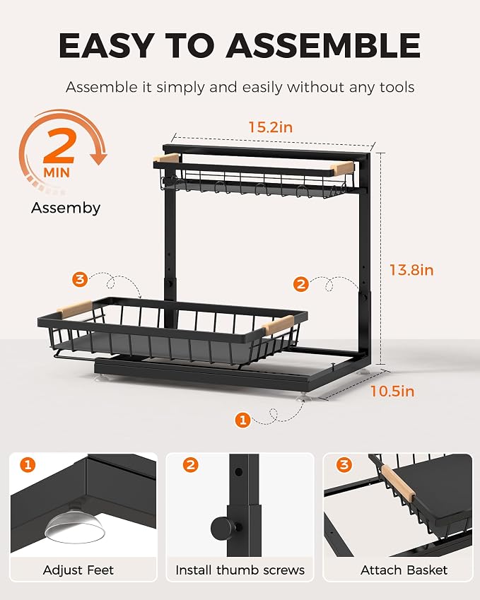 Sevenblue 2-Pack 2-Tier Height Adjustable Under Sink Organizer & Storage | Multi-purpose storage for kitchen & bathroom cabinet. Extra Large black shelf, height adjustable design for space-saving.