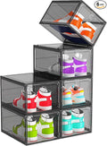ARSTPEOE 6 Pack Upgrade Harder Shoe Organizer, Shoe Storage with Magnetic Front Door, Clear Shoe Boxes Foldable Space-Saving Shoe Rack for Sneaker Boot Container, Black
