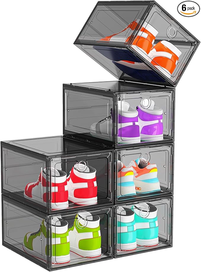 ARSTPEOE 6 Pack Upgrade Harder Shoe Organizer, Shoe Storage with Magnetic Front Door, Clear Shoe Boxes Foldable Space-Saving Shoe Rack for Sneaker Boot Container, Black