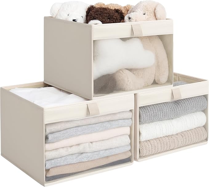 StorageWorks Storage Bins with Clear Window, Large Fabric Closet Organizer for Clothes, Collapsible Storage Baskets with PU Handles, Beige, 3-Pack