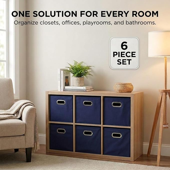 Household Essentials Fabric Storage Bins 6 Piece Set, Strong Poly-Woven Fabric, Sturdy Chipboard Sides, Grommet Front Handle, Stackable and Foldable, Classic Design, Navy