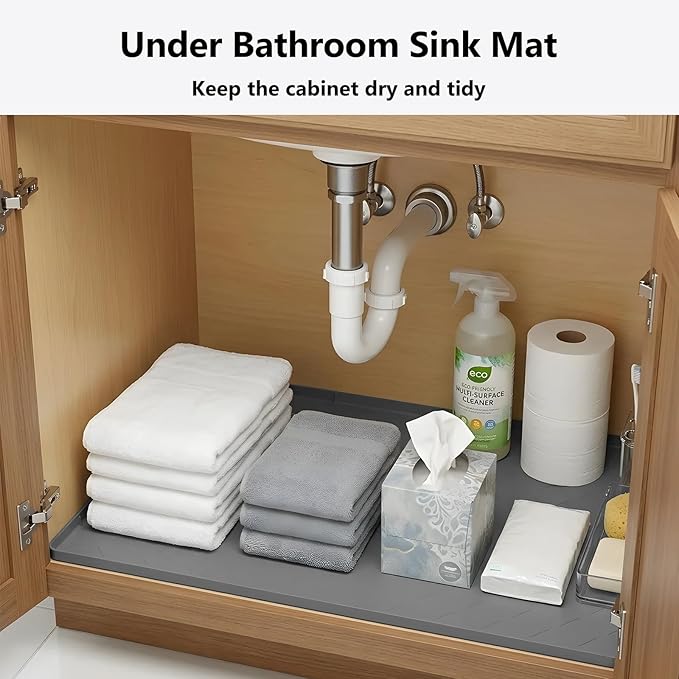Mateeylife Under Sink Mats for Kitchen Waterproof 31"X22", Undersink Protectors，Silicone Mat Cabinet Liner, Under Sink Organizer for Bathroom and Kitchen，Boot Tray Pet Food Mat, Dark Grey