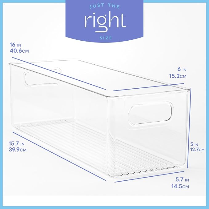 primebox Plastic Food Storage 4 Pack Clear Container Bin with Handles for Organizing Kitchen, Pantry, Refrigerator, Freezer, Pantry, Cabinet, Closet, Bathroom. 16”x6”x5”