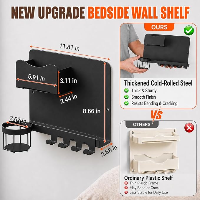 Metal Bedside Wall Shelf, Bedside Floating Shelf Wall Organizer with Detachable Cup Holder, No Drill Wall Mount for Bedroom, Dorm Room Decor, Nightstand Alternative, Bunk Bed Accessories, RV Storage