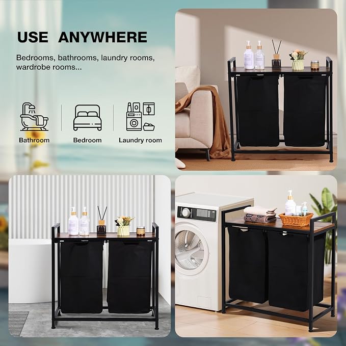 COSYSUPER Laundry Sorter 2 Section with Shelf, Two Section Laundry Hamper Organizer, Laundry Basket with Removable Bag for Clothes Storage, Brown and Black