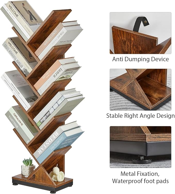 ruboka 9-Tier Tree Bookshelf Storage Organizer Display Rack | Floor standing Bookcase, sturdy wood, space-saving. Ideal Book Shelf for living room, bedroom, office. Holds magazines, CDs.