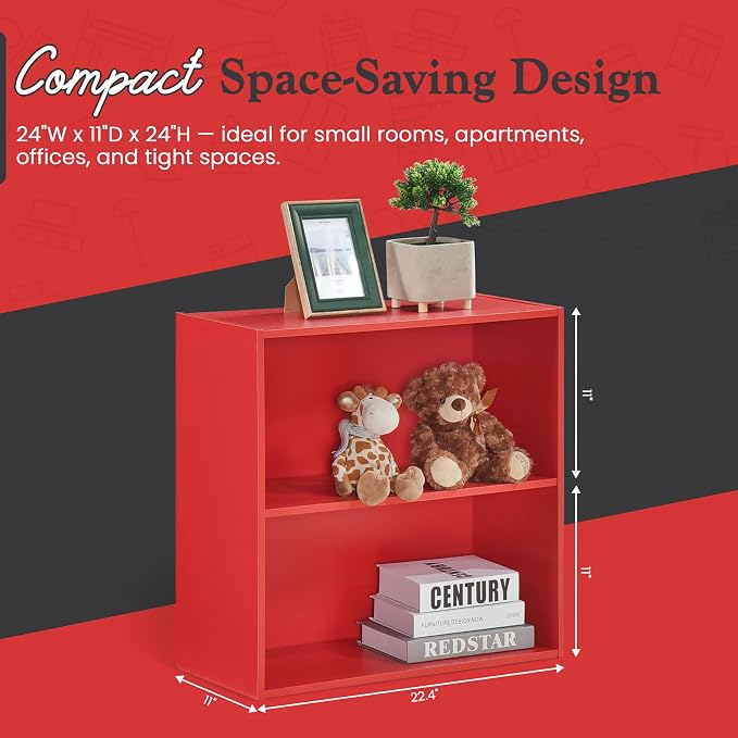 KB Designs - Tony 2-Tier Modern Bookcase with Open Storage Shelves for Kids’ Rooms, Playrooms, or Home Offices – Compact Colorful Bookshelf Organizer