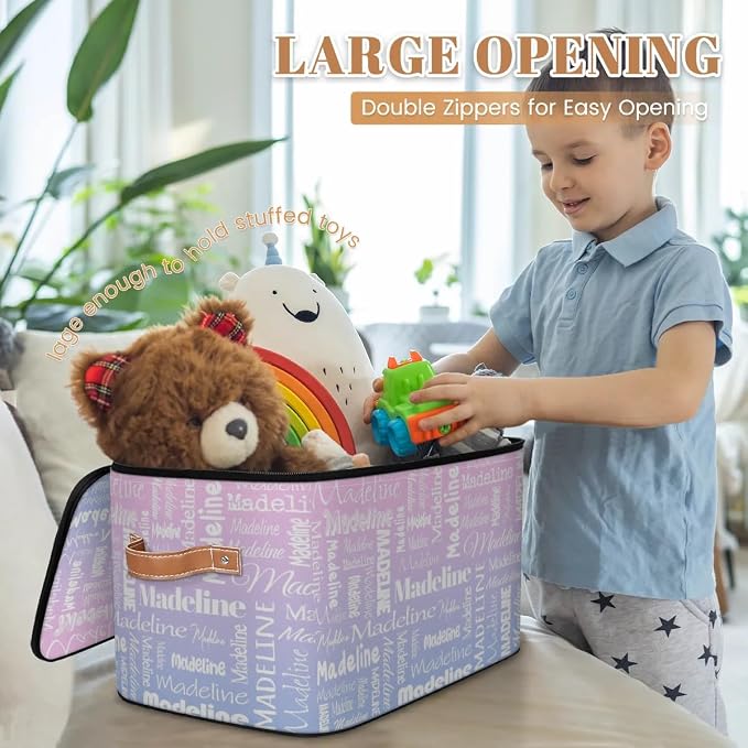 Custom Storage Basket with Name, Personalized Keepsake Box with Zipper Lid, Foldable Fabric Memory Bin Large capacity with Handle Pink Purple
