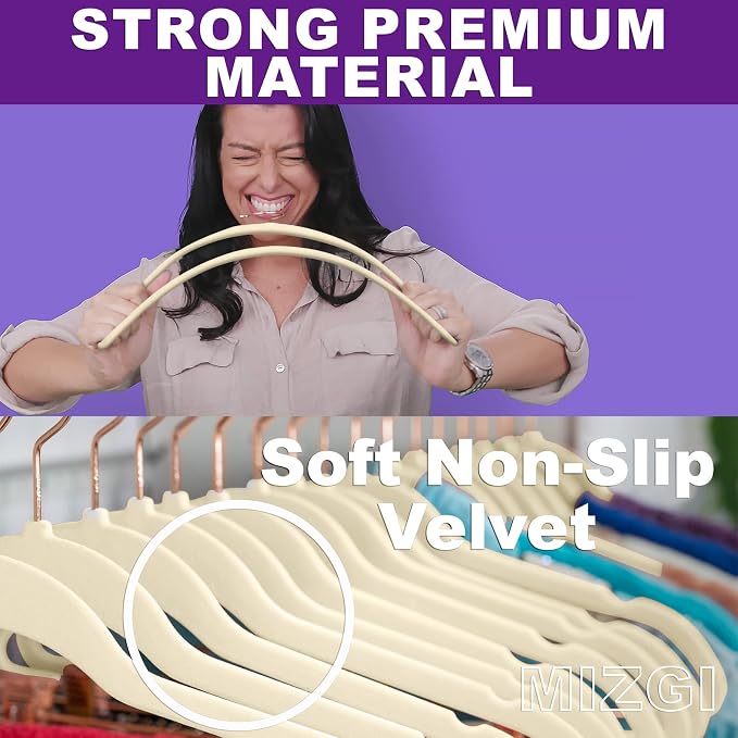 MIZGI Premium Velvet Hangers (50 Pack) - Heavy Duty Non Slip Felt - Suit Hangers Ivory & Rose Gold Hooks, Space Saving Closet Organizers