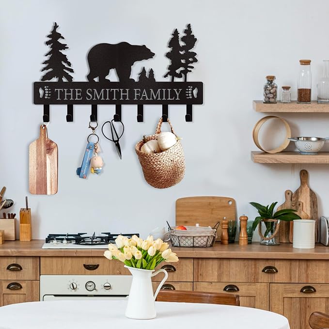 Dyoart Personalized Key Holder for Wall, Custom Metal Black Bear Coat Hook Key Holder with Name, Metal Key Rack Hanger Organizer for Entryway, Front Door, Hallway, Kitchen, Office Decor
