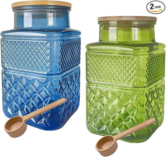 Coriario 60 OZ Vintage Glass Jar with Airtight Lid Wood Spoon Set of 2 Decorative Glass Storage Jars Canister Container for Food Candy Cookie Coffee Bean Tea Nuts Snack Dog Treat Vase