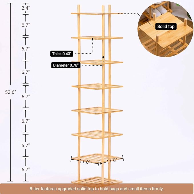 8-Tier Vertical Shoe Rack - Tall Narrow Shoe Rack Organizer for Small Spaces,Bamboo Shoen Shelf for Entryway,Closet,Corner,Doorway,Skinny Shoe Shelf Space Saving Shoe Storage (Natural, 8-Tier)