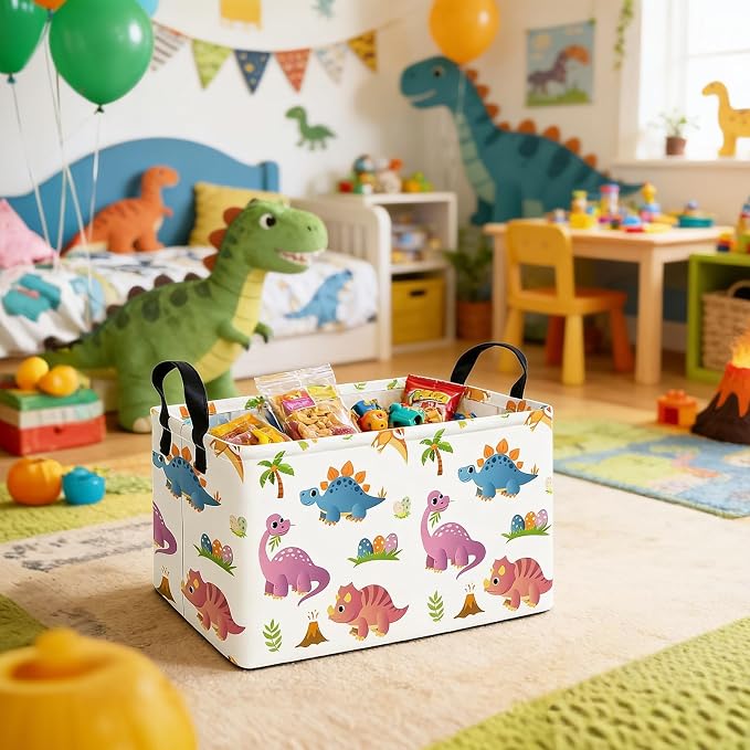 Rectangular Collapsible Cute Dinosaur Storage Basket Toy Organizer | Storage Bin Foldable Canvas with Handles for Organizing Home Kitchen Children Toys Office Closet Shelf Baskets