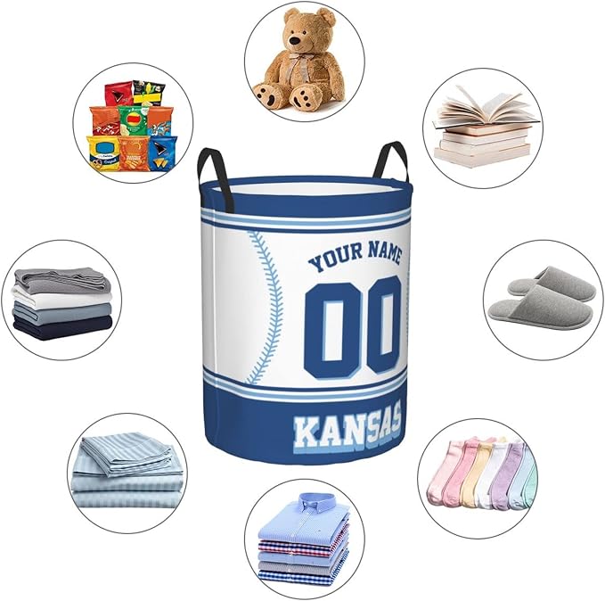 Custom Kansas Laundry Hamper Personalized Laundry Basket Customized Name And Number Collapsible Storage Basket for Bedroom Bathroom Living Room Baseball Fan Gifts