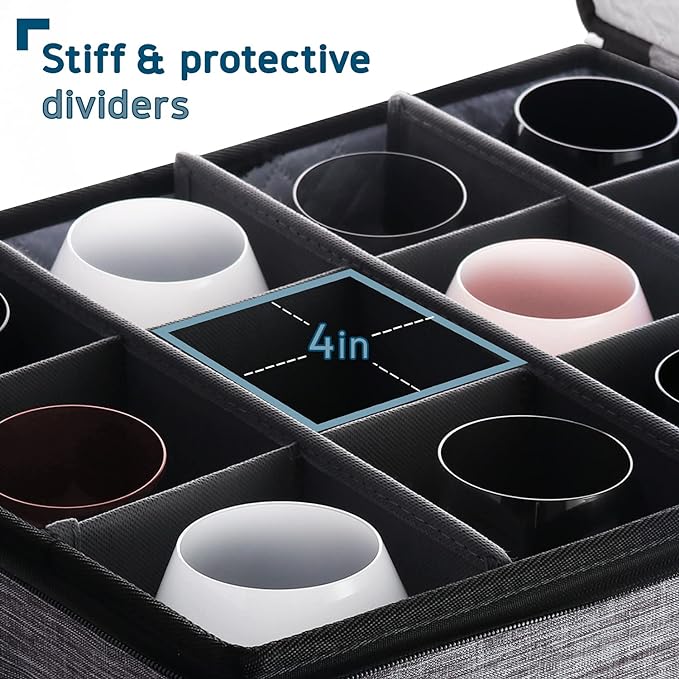 Fine China Storage Containers Hard Shell, 6 Piece Dish Storage Containers, Stackable Plate Storage Containers, Coffee Mug Storage and Wine Glass Storage Box with Dividers, Quilted Dish Organizers