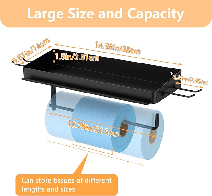 SUNTECH Garage Paper Towel Holder with Shelf, One Hand Tear, 12 inch Shop Paper Towel Holder, Paper Towel Holder Wall Mount with 2 Detachable Hooks for Garage and Tool Room (Black)