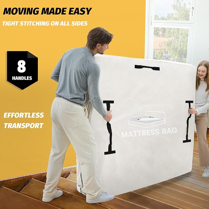 Mattress Bags for Moving and Storage, BETU Waterproof Mattress Protector King Mattress Cover with 8 Heavy Duty Handles and Zipper Extra Thick Moving Supplies for Bed Reusable (82x79x13.5 White)