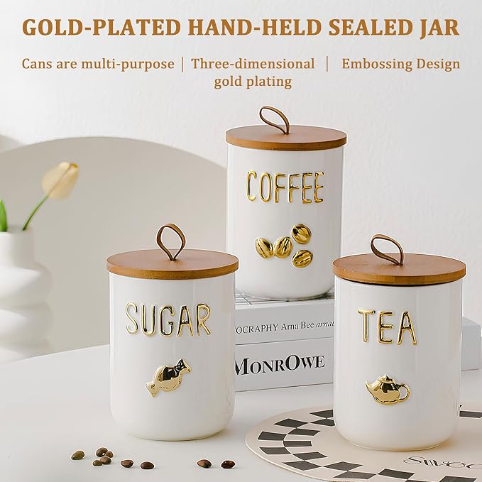 Simcat 27oz Ceramic Canister Set with Airtight Seal Bamboo Lid and Silicone Seal Damp-Proof Kitchen Jar Tea Coffee Sugar Canister Set Food Storage Containers (Three piece)