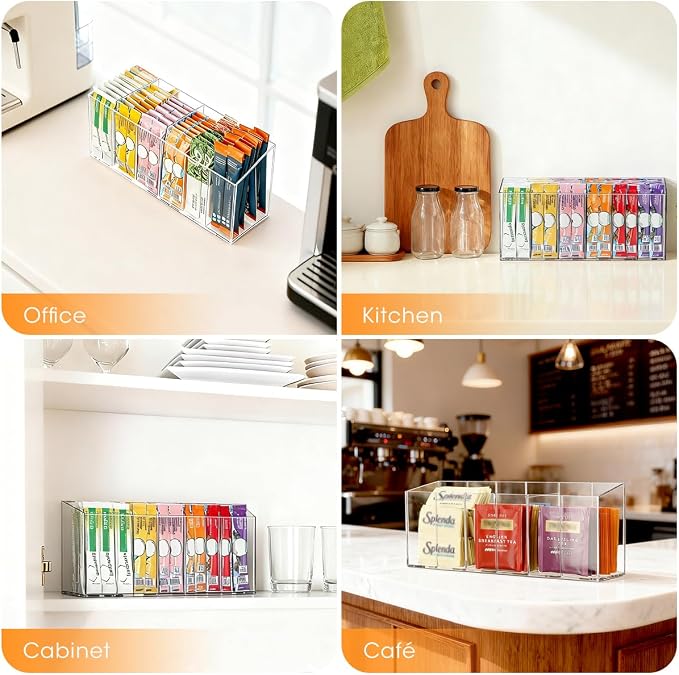 AIEVE Drink Packet Organizer, Water Drink Packet Holder with Removable Divider, Water Flavor Packet Organization Container for Kitchen Organizers and Storage (6 Compartments)