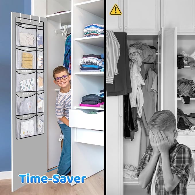 Weekly Kids Clothes Organizer - Day of Week School Clothing Organizer, Monday to Friday Time Save, No Odour, 5-Shelf Hanging Closet Storage (Grey), 2 Pack