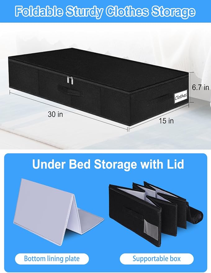 6.7-Inch Tall Under Bed Storage Bin with Zipper, Underbed Storage Container w/Rigid Sides & Bottom, Large Clothes Organizer Box for Bedroom, Dorm, Couch, Dressers, 30x15x6.7 Inches, Black