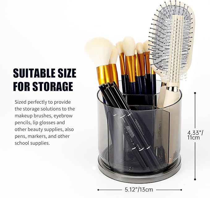 Makeup Brush Holder Organizer, Rotating Makeup Organizer for Vanity | Rotating 360° Clear Storage Cup Containers, Spinning Pen Holder for Desk, Round Make up Brush Stand with 5 Slots (Grey)