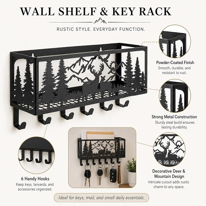 Deer Metal Wall Mail Organizer Wall Mounted Key and Mail Holder Mail Basket Hanging Mail Sorter and Key Organizer for Entryway Bedroom Bathroom Kitchen