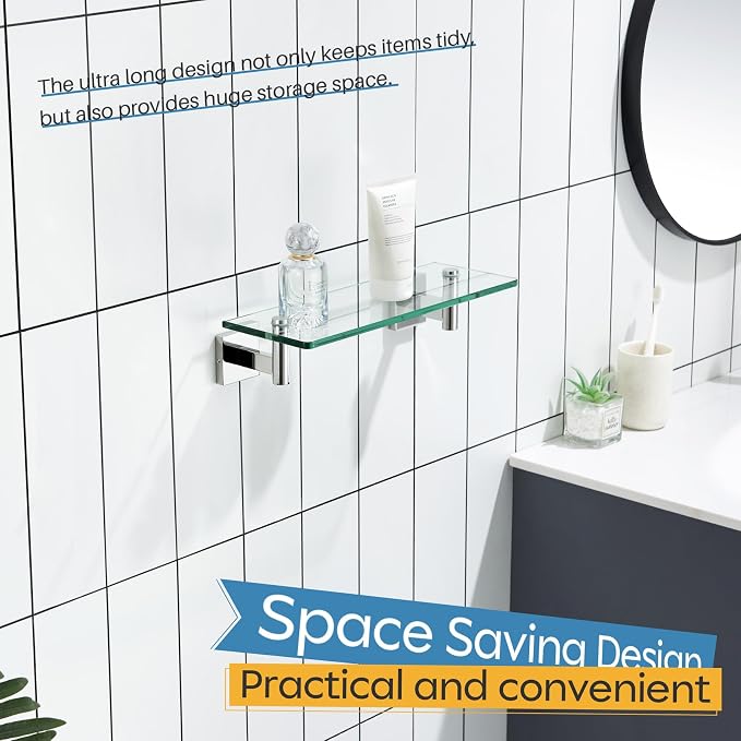 KOKOSIRI Bathroom Shelves Wall Mounted Floating Glass Shelf Polished Stainless Steel 12-Inch Small Hanging Rack for Storage/Room Decor B1105CH-L12