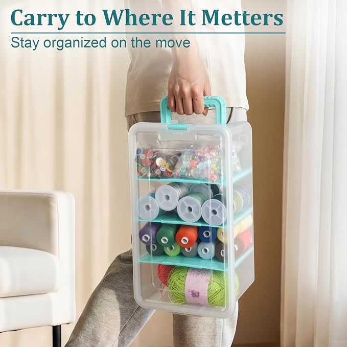BTSKY Clear Plastic Dividing Storage Box with 4 Deep Compartments Adjustable Storage Bin with Lid Portable Craft Storage Container Multipurpose Sewing Box Art Supply Organizer, 13.9x7.9x6.2 Inches