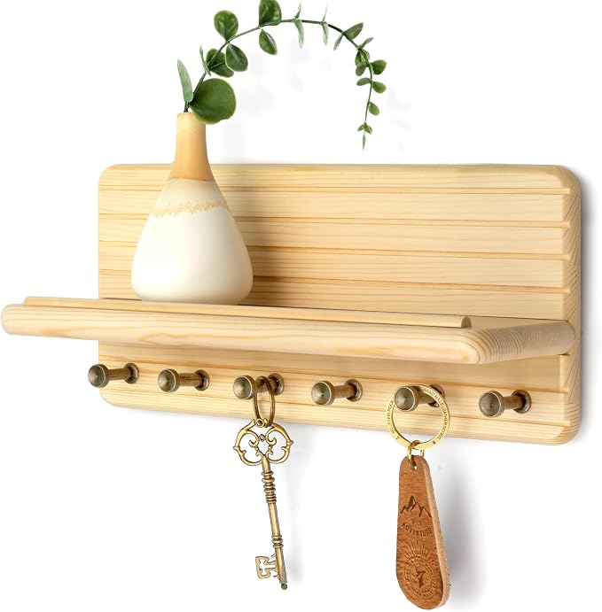 Rebee Vision Decorative Key Holder Wall Mount – Farmhouse 11-Inch Pine Wooden Key Holder for Wall with 6 Hooks & Floating Shelf - Chic and Functional Home Decor Solution (Natural Wood)