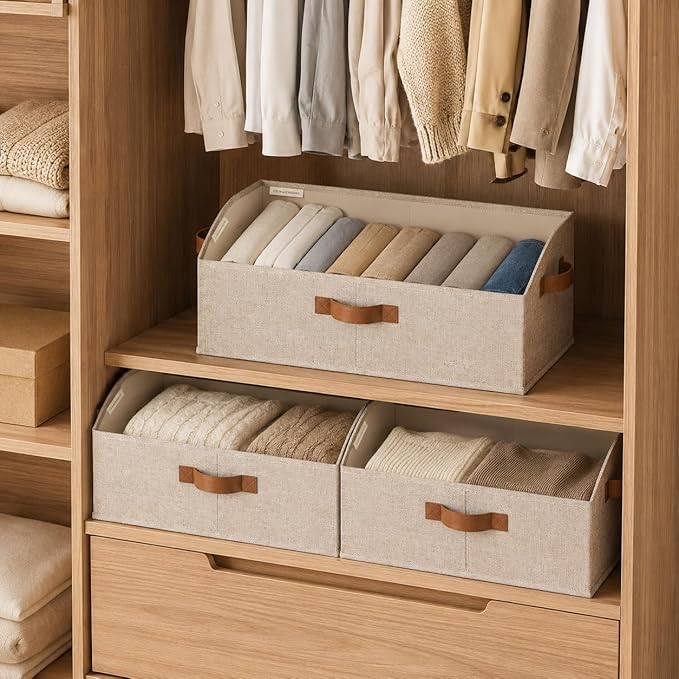 StorageWorks Trapezoid Storage Bins, Closet Shelf Organizer, Closet Organizer Bins, Storage Baskets for Shelves, Clothes, Toys, Towels, Large, Brown and Beige, 3-Pack
